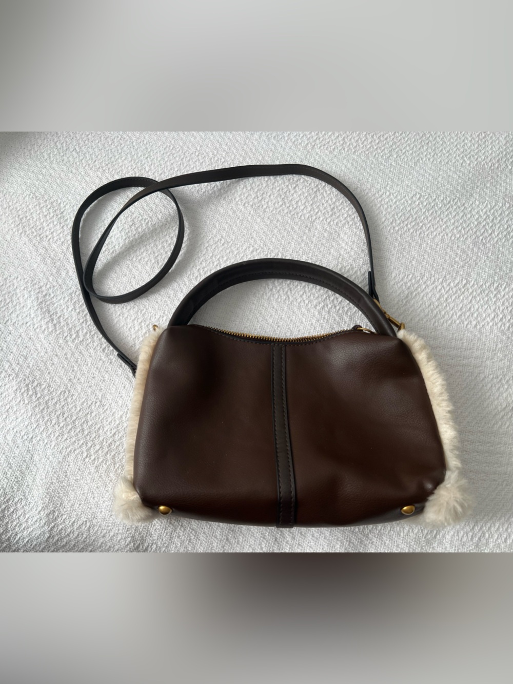 Brown Shearling-Trim Crossbody Bag